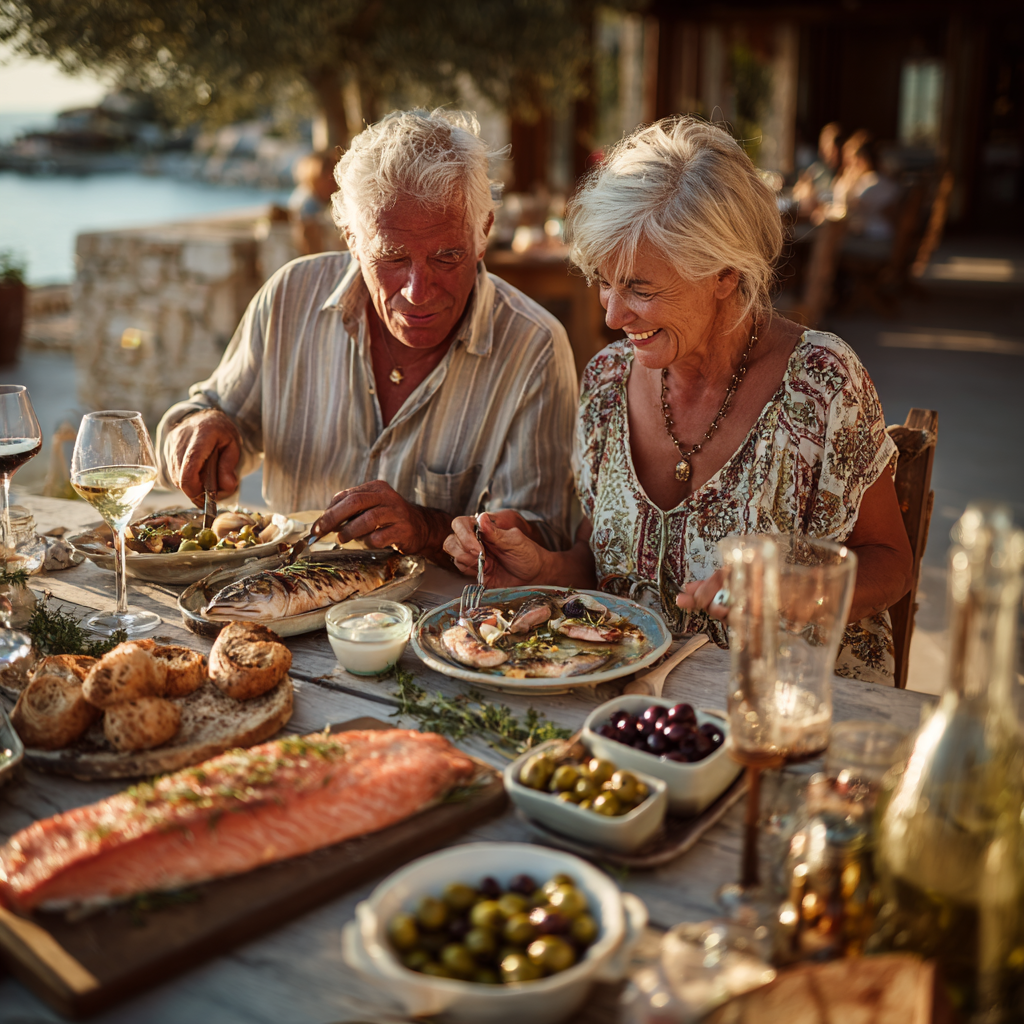 A couple in their early 50s sharing a meal with fresh fish, olives, and vegetables on an outdoor terrace.