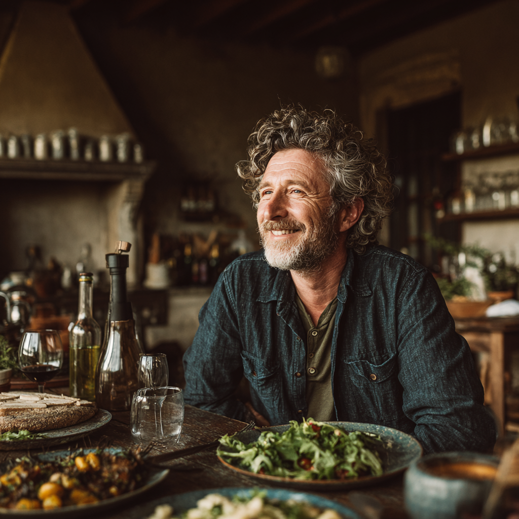 A man in his late 40s enjoying a hearty plant-based meal at a rustic dining table.