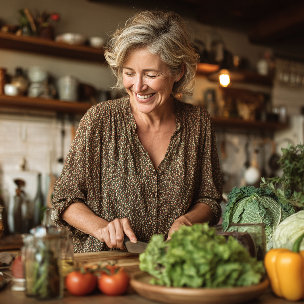 A smiling woman in her 50s preparing a fresh salad in a bright kitchen.