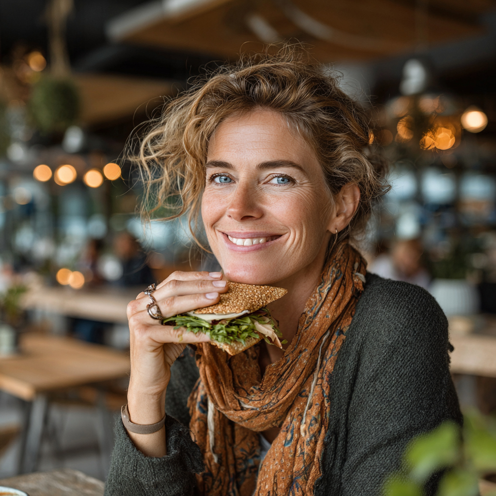 A woman in her mid-40s happily eating a gluten-free sandwich in a modern cafe.
